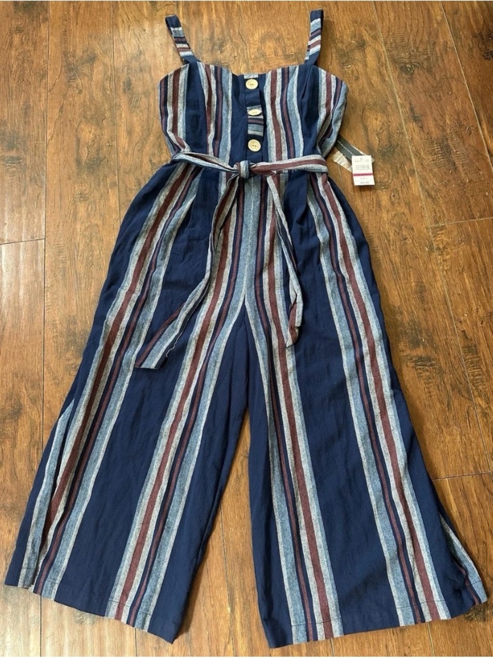 As U Wish Navy Striped Linen Wide-Leg Jumpsuit with Belt